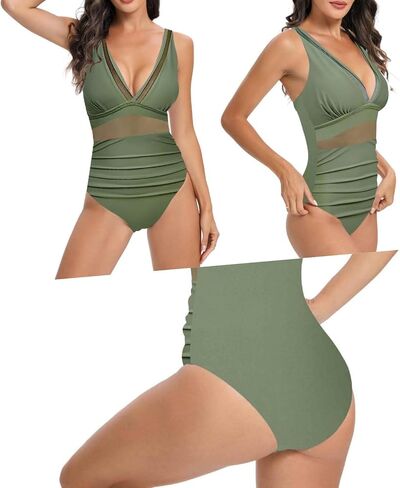 Women's One-Piece Swimsuit with Mesh Panel - Conservative High-Waisted Bathing in Saudi Arabia