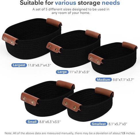 مجموعة سلة التخزين من 5 - سلال حبل قطنية مع مقابض جلدية - سلة منسوجة صغيرة للتنظيم أو الحضانة أو أرفف الحمام أو ديكور غرفة النوم (أبيض) in Kuwait