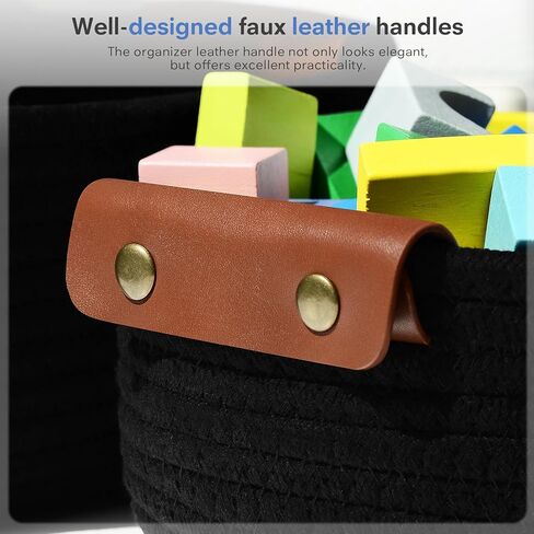 مجموعة سلة التخزين من 5 - سلال حبل قطنية مع مقابض جلدية - سلة منسوجة صغيرة للتنظيم أو الحضانة أو أرفف الحمام أو ديكور غرفة النوم (أبيض) in Kuwait