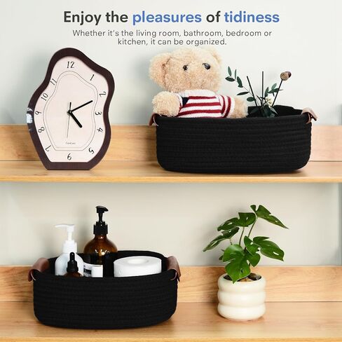 مجموعة سلة التخزين من 5 - سلال حبل قطنية مع مقابض جلدية - سلة منسوجة صغيرة للتنظيم أو الحضانة أو أرفف الحمام أو ديكور غرفة النوم (أبيض) in Kuwait