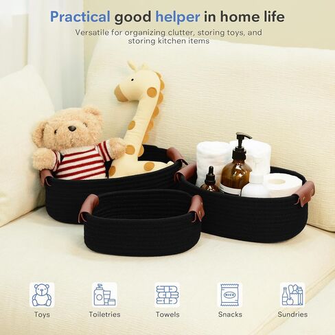 مجموعة سلة التخزين من 5 - سلال حبل قطنية مع مقابض جلدية - سلة منسوجة صغيرة للتنظيم أو الحضانة أو أرفف الحمام أو ديكور غرفة النوم (أبيض) in Kuwait