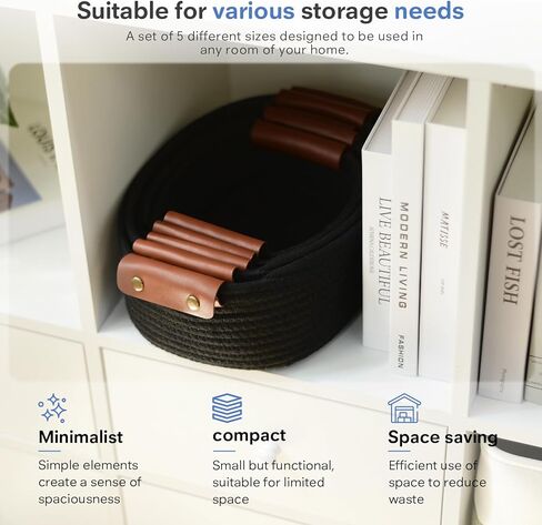 مجموعة سلة التخزين من 5 - سلال حبل قطنية مع مقابض جلدية - سلة منسوجة صغيرة للتنظيم أو الحضانة أو أرفف الحمام أو ديكور غرفة النوم (أبيض) in Kuwait