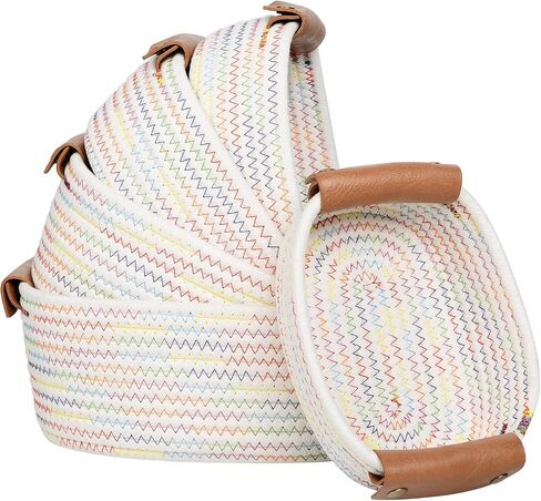 ECDYQXVU Small Woven Storage Baskets Cute Cotton Rope Basket Set 5 Pack | 5 Sizes Set, Leather Handles, Keeps Shape, Easy to Clean, Living Room, Bathroom, Drawer Organizer, Socks, Cosmetics, Decor in Kuwait