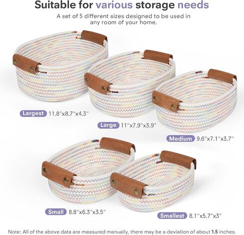 ECDYQXVU Small Woven Storage Baskets Cute Cotton Rope Basket Set 5 Pack | 5 Sizes Set, Leather Handles, Keeps Shape, Easy to Clean, Living Room, Bathroom, Drawer Organizer, Socks, Cosmetics, Decor in Kuwait