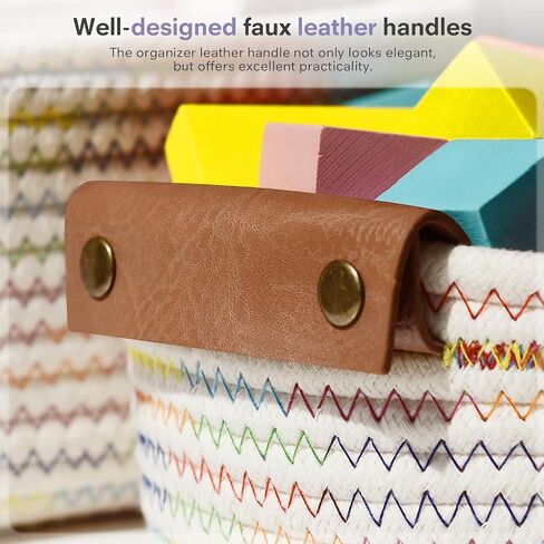 ECDYQXVU Small Woven Storage Baskets Cute Cotton Rope Basket Set 5 Pack | 5 Sizes Set, Leather Handles, Keeps Shape, Easy to Clean, Living Room, Bathroom, Drawer Organizer, Socks, Cosmetics, Decor in Kuwait