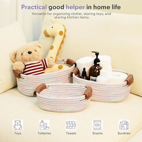 ECDYQXVU Small Woven Storage Baskets Cute Cotton Rope Basket Set 5 Pack | 5 Sizes Set, Leather Handles, Keeps Shape, Easy to Clean, Living Room, Bathroom, Drawer Organizer, Socks, Cosmetics, Decor in Kuwait