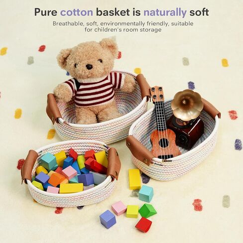 ECDYQXVU Small Woven Storage Baskets Cute Cotton Rope Basket Set 5 Pack | 5 Sizes Set, Leather Handles, Keeps Shape, Easy to Clean, Living Room, Bathroom, Drawer Organizer, Socks, Cosmetics, Decor in Kuwait