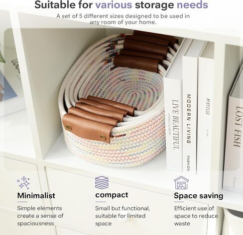 ECDYQXVU Small Woven Storage Baskets Cute Cotton Rope Basket Set 5 Pack | 5 Sizes Set, Leather Handles, Keeps Shape, Easy to Clean, Living Room, Bathroom, Drawer Organizer, Socks, Cosmetics, Decor in Kuwait