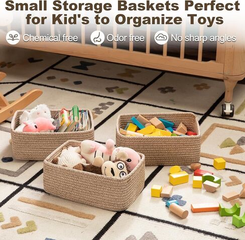 3 Pack Small Storage Baskets for Organizing, Cute Woven Decorative Gift Baskets for Shelves, Mini Closet Organizer Bins with Handles, 11.81''Lx7.87''Wx4.72''H-Brown in Kuwait