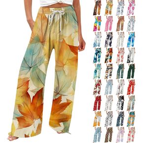 Wide Leg Boho Pants for Women Retro Floral Print Summer Palazzo Trendy Yoga Workout Vacation Loose Bottoms with Pockets