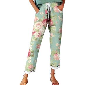 Womens Casual Linen High Waist Pants Vintage Floral Print Casual Plus Size Trendy Striped Spring Summer Gauze Pants