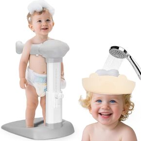Baby Shower Stand Adjustable with Anti-Slip Base &Water-Blocking Cap, Standing Bath Support for Toddlers 8-36 Months, Safe ABS Design, 9-Level Height & Shower Head Holder, Multi-Func Baby Stand