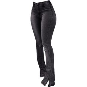 Skinny Ripped Bell Bottom Jeans for Women Retro Split Hem Wide Leg Denim Pants Mid Rise Fitted Distressed Jean Trouser