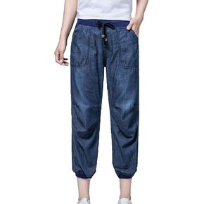 Women's Classic Pull-on Cropped Jeans Elastic Waist Bloomers Denim Pants Lightweight Drawstring Jean Trousers