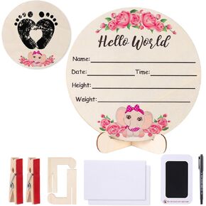 Baby Announcement Sign, Wooden Baby Name Sign for Welcome Baby, Double-Sided Hello World Name Sign with Marker Pen and Ink Pad for New Baby Hand Footprints, Baby Shower (Green Leaf)