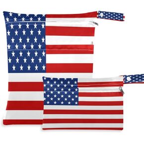 American Flag Wet Dry Bag Sets with Two Zippered Pockets, 2 Pack Waterproof Reusable Wet Dry Organizer Wet Bag for Cloth Diaper, Swimsuit, Stroller, Toiletries,Travel, Beach