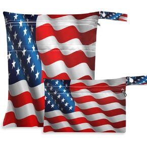 American Flag Wet Dry Bag Sets with Two Zippered Pockets, 2 Pack Waterproof Reusable Wet Dry Organizer Wet Bag for Cloth Diaper, Swimsuit, Stroller, Toiletries,Travel, Beach