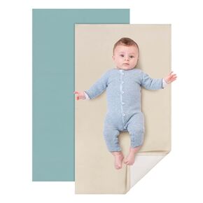2 Pack Baby Leather Changing Mat, Waterproof Portable Diaper Changing Pad for Home, Wipeable Foldable Baby Travel Mat Fits Perfectly in Diaper Bag, 30 x 17 inches, Off White and Blue