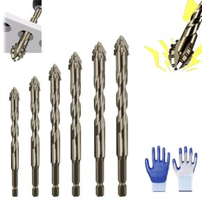 Presencte New Four-Flute Sawtooth Eccentric Drill Bit Set(1 Set 6 PCS),Four Blade Serrated Eccentric Drill,High Hardness Skewed Head Drill for Ceramic Tile, Stone and Glass (1SET)