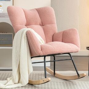 Nursery Rocking Chair, Teddy Upholstered Glider Rocker Chair with High Backrest, Leisure Glider Chair with Metal Legs, Accent Armchair, Reading Chair for Living Room (White)