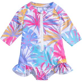 Toddler Floral Print Tie Dye Swimsuit Cover Up Baby Girls Ruffle Long Sleeve Zip Rash Guard Bathing Suit