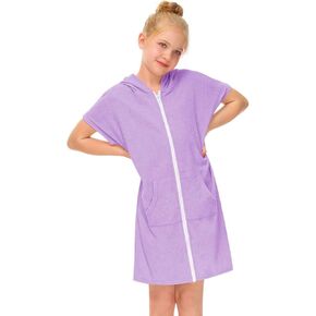 Kid's Swim Coverups Zip Up Beach Hooded Cover Up Cotton Summer Short Sleeve Bathing Suit Birthday (Purple, 3-4 Years)