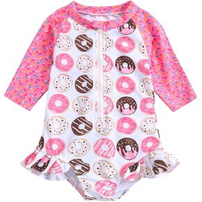 Toddler Donut Print Swimsuit Cover Up Baby Girls Ruffle Long Sleeve Zip Rash Guard 1 Piece Bathing Suit