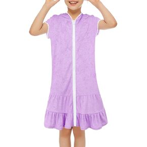 Little Girls Swim Cover Up Kids Swimsuit Coverup Zip Up Beach Bathing Suit Hooded Bathrobe Absorbent Beach Dress
