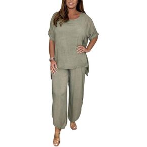 Womens Cotton Linen 2 Piece Sets Short Sleeve Loose High Low T Shirt Wide Leg Capri Pants Suit
