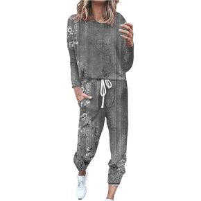 Lastesso Two Piece Loungewear Sets for Women Vintage Relaxed Fit Track Suits Csaual Size Long Sleeve Pullover Baggy Pants