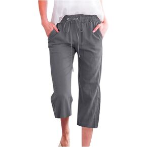 QWENTMTNTY Linen Capri Pants for Women Plus Size Wide Leg Casual Summer Elastic Waisted Drawstring Cropped Trousers Pockets