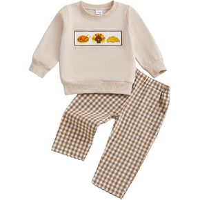 Karuedoo Toddler Baby Boy Thanksgiving Outfit Turkey Embroidery Long Sleeve Sweatshirt and Plaid Pants Set 2Pc Fall Clothes