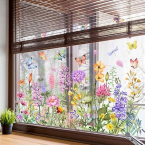 Colorful Floral Bouquet Window Sticker, Floral Pattern Window Sticker, Floral Window Sticker, Stained Glass Window Sticker, Reusable Flower Window Clings, Flower Garden Window Stickers (B)