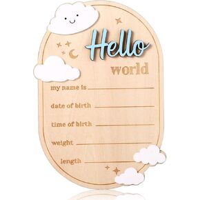Baby Announcement Sign, 5.91x4.13in Wooden Birth Announcement Plaques Hello World Newborn Sign Board Ideal Decor for Home Nursery Hospital for Recording Name Date Length Weight