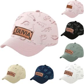 Custom Toddler Baby Hats,Personalized Kids Baseball Caps with Leather Label Name,Adjustable Snapback Dinosaur Print Hats