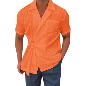 Short Sleeve Shirts for Men with Pocket Summer Tees Casual T Shirts V Neck Blouses Tops Lace Up Shirts Turndown Top B-red