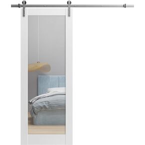 SARTODOORS Sturdy Barn Door 30 x 96 inches | Lucia 1299 White Silk with Mirror | Stainless Steel 6.6FT Rail Hangers Heavy Set | Solid Panel Interior Doors