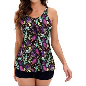 Womens Tankini Summer Beach Swimsuit Tummy Control Modest Bathing Suit Boho Floral Print Swim Tops and Shorts