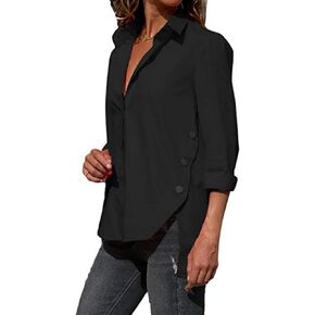 Womens Side Slit Buttons Irregular Shirts Long Sleeve V Neck Lapel Blouses Solid Color Loose Chiffon Shirt Tops