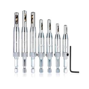 7pcs Self Centering Hinge Drill Bits Set Door Cabinet Holes HSS Hex Recess
