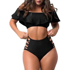 Two Piece Bikini Sets for Women Off Shoulder Wrap Bathing Suit Ruffled Smocked Bikini Tie Knot Swimsuits Swimwear