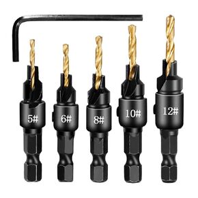 1/4 hex Shank Countersink Drill Woodworking Drill Bit Set Drilling Holes for Screw Sizes #5#6#8#10#12(6-12 Sliver 4pcs)