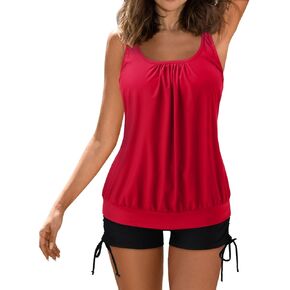 Plus Size Tankini Swimsuit for Women Two Piece Tummy Control Bathing Suit Blouson Racerback Tankini Top with Shorts