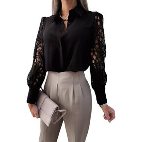 JEsilunmaMY Womens Lace Cut Out Dress Shirts Long Sleeve Lapel Casual Blouses Tops Solid Color Elegant Business Shirts