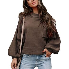 Women's Solid Ragged Pocket Long Sleeve Sexy Off The Shoulder Casual Loose Sweater Oversized Pullover Knit Jumper
