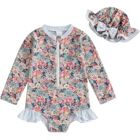 Toddler Baby Girl Swimsuit Bow Daisy Print Long Sleeve Zipper Ruffle Trim Bathing Suit with Hat Kids Rash Guard Swimwear
