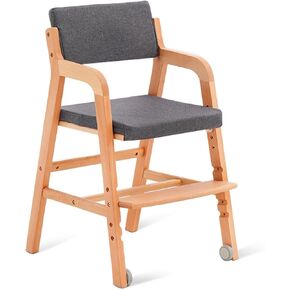 Swegrow Wooden High Chair with 2 Wheels, Adjustable Seat - Backrest - Footrest Heights, Beech Wood High Chairs for Kids - Teens and Adults, Kids Dining Chair, Study Chair with Removable Cushion