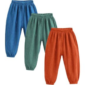 Kids Baby Boys Girls 3 Pack Cotton Linen Pants Casual Soft Elastic Long Bloomers Ankle Length Harem Pants Trousers