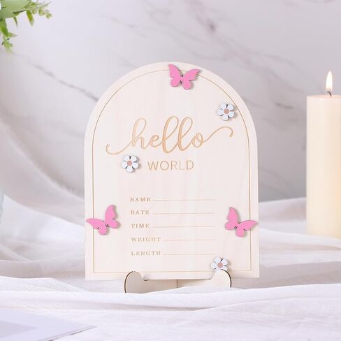 Baby Announcement Sign, Wooden Baby Name Sign for Welcome Baby, Double-Sided Hello World Name Sign with Marker Pen and Ink Pad for New Baby Hand Footprints, Baby Shower (Green Leaf) in Kuwait