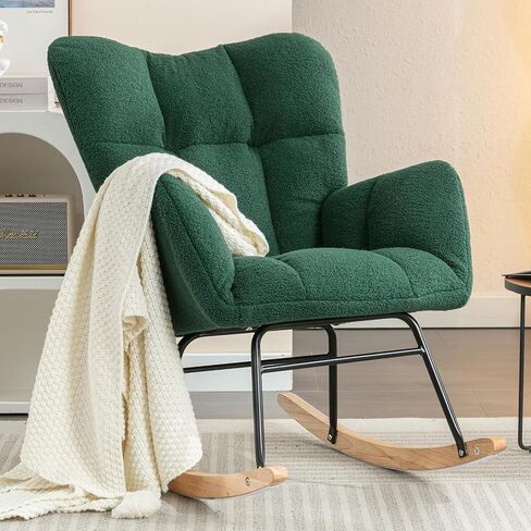 Nursery Rocking Chair, Teddy Upholstered Glider Rocker Chair with High Backrest, Leisure Glider Chair with Metal Legs, Accent Armchair, Reading Chair for Living Room (White) in Saudi Arabia